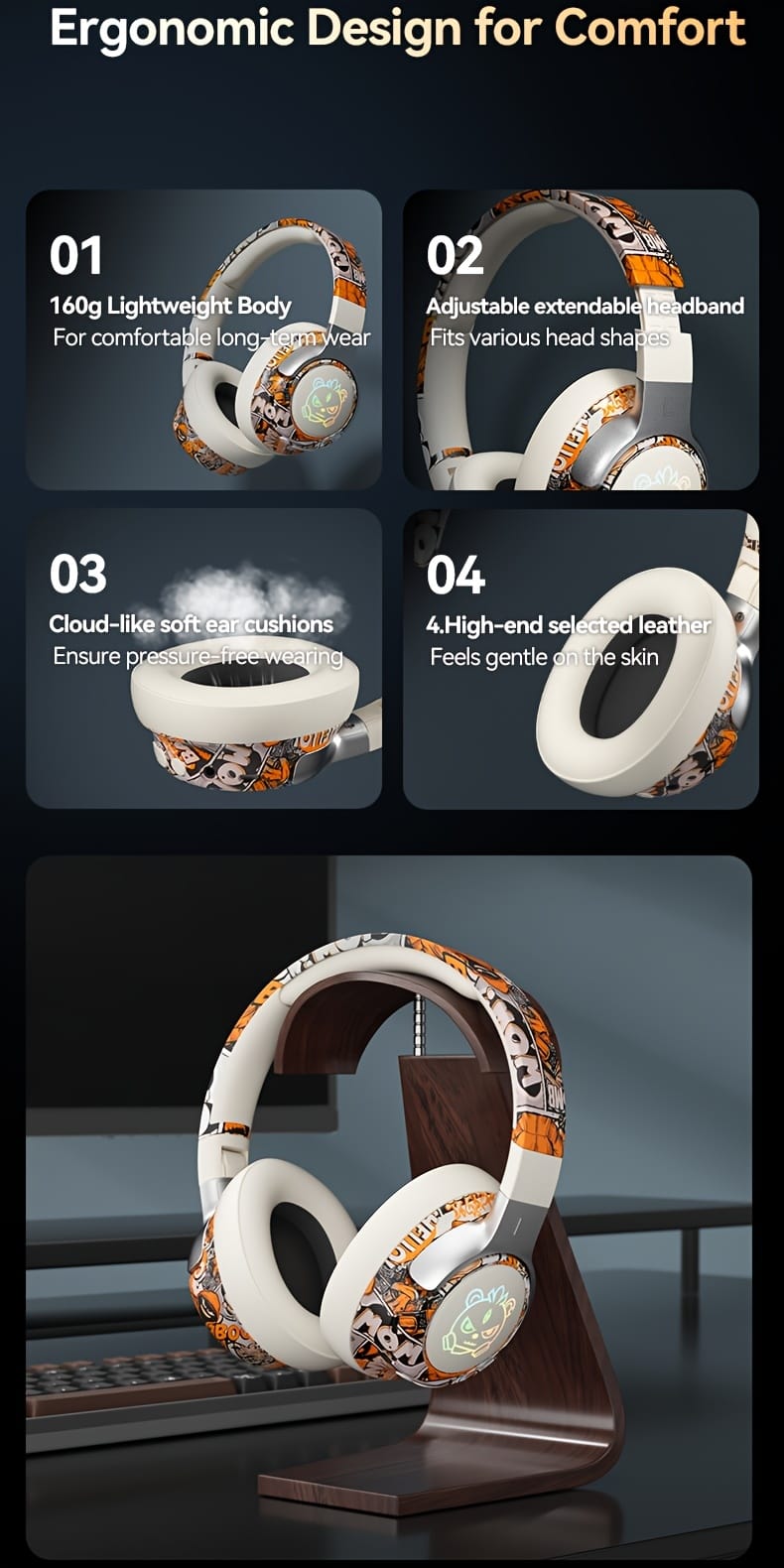 15-Hour Battery Life, Wireless Over-Ear Headphones with Lithium Battery - Low-Power Operation, Ideal for Gaming & Music, Outdoor Use, Push Button Control, Volume Control, No Charging Case, Gaming Headphones|Graffiti Design Headphones|Pushbutton Control Headphones