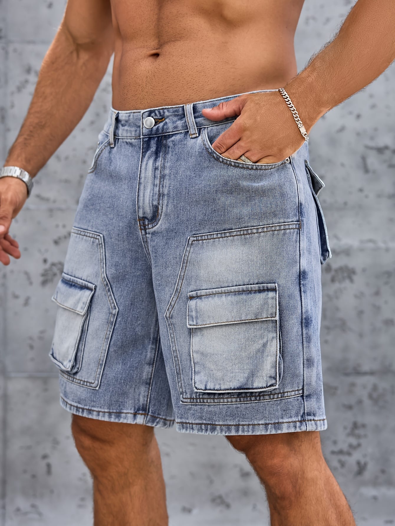 Men'S Casual Denim Cargo Shorts with Multiple Pockets - Loose Fit, Knee-Length, Light Blue, Non-Stretch Fabric, Perfect for Casual Attire, Party Shorts|Pocketed Shorts|Woven Texture