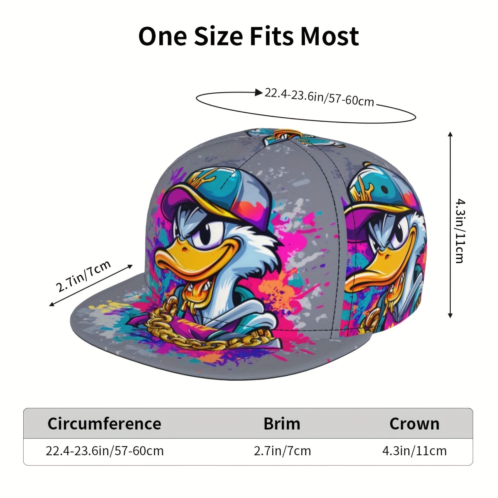 Unisex Adjustable Snapback Baseball Cap - Vibrant Graffiti Cartoon Duck Street Art Design, Lightweight 100% Polyester, Machine Washable, Flat Brim Trucker Hat for Men & Women, Perfect Gift for Father's Day, Mother's Day, Beach & Casual Wear
