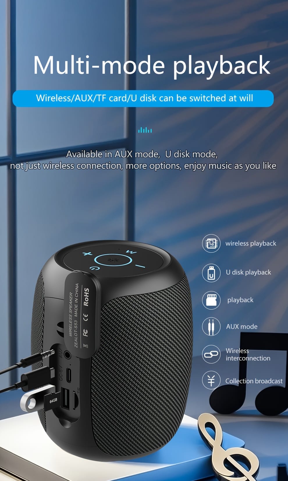 ZEALOT S53 Wireless Speakers, Wireless Speaker, Dual Pairing, 3600mAh Battery, 24 Hours Playtime Loud Stereo, Booming Bass, Charging Cable, Connect with Mobile Phone/Tablet/TV