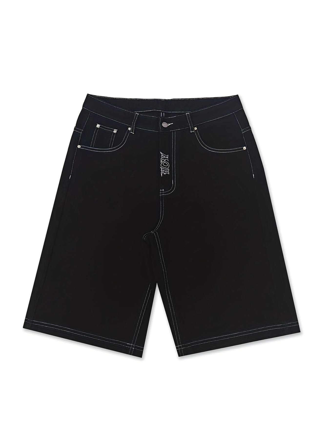 Skull Embroidered Loose Denim Shorts, Letter Embroidery Jeans, Street Style Retro Fashion Denim Shorts