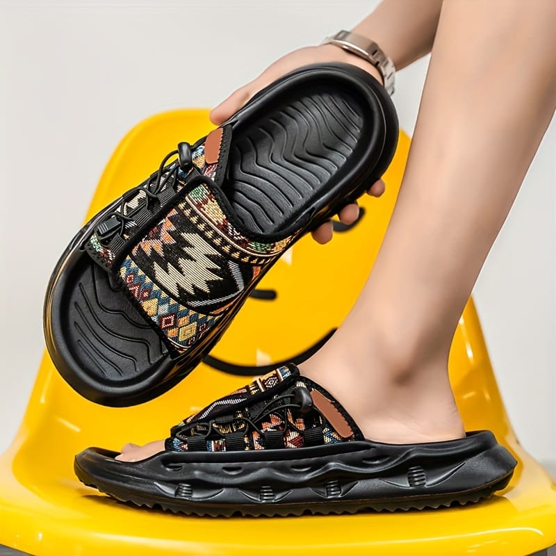 Men's Slip-On Sandals with Colorful Geometric Pattern - Soft EVA Sole, Breathable PU & Fabric Upper for Casual Outdoor Beach Wear - Lightweight Comfortable Round-Toe Design, Leisure Footwear | Vibrant Pattern Footwear | Durable Traction Sole