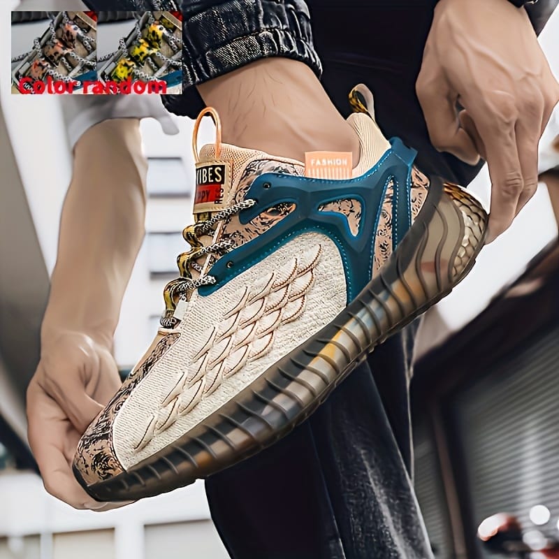 Men's Casual Athletic Sneakers - Breathable Fabric, Durable Rubber Sole, Lace-Up Low Tops with Fish Scale Design & Colorful Patterns for Everyday & Outdoor Wear