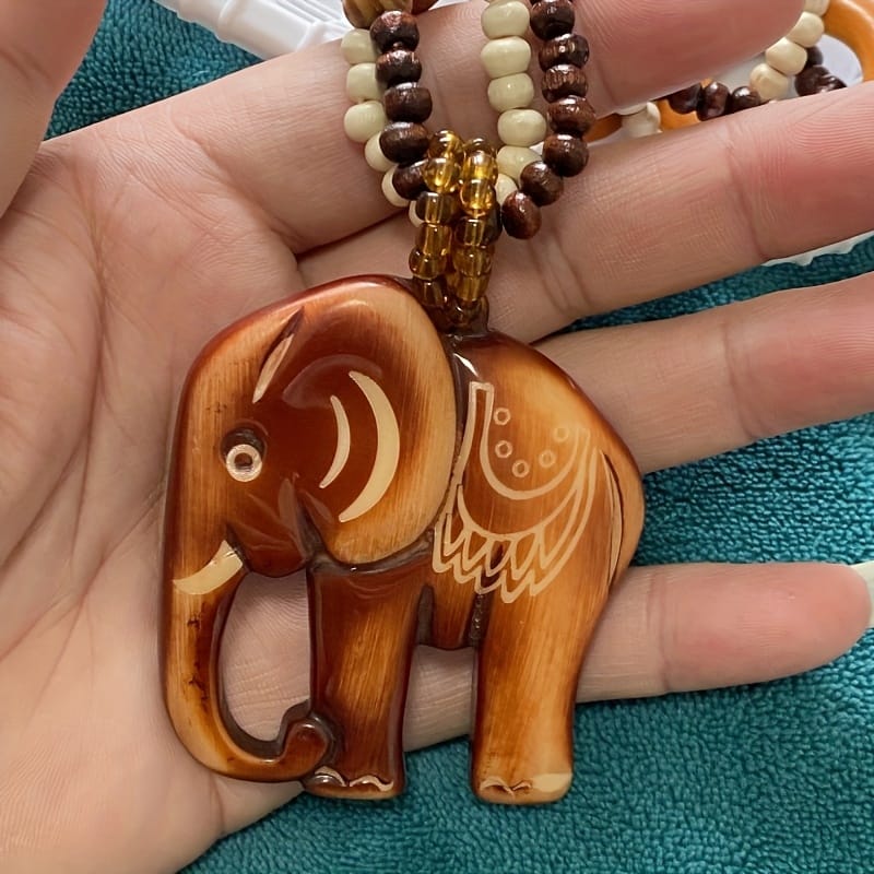 Handcrafted Wooden Ivory Elephant Pendant Necklace - Bohemian Vintage Unisex Jewelry with Bead Accents, Natural Wood Grain Texture for Men & Women, Year-Round Festival & Party Accessory, Elephant Jewelry, Versatile Fashion Piece, Minimalist Design, Earthy Tone Beads