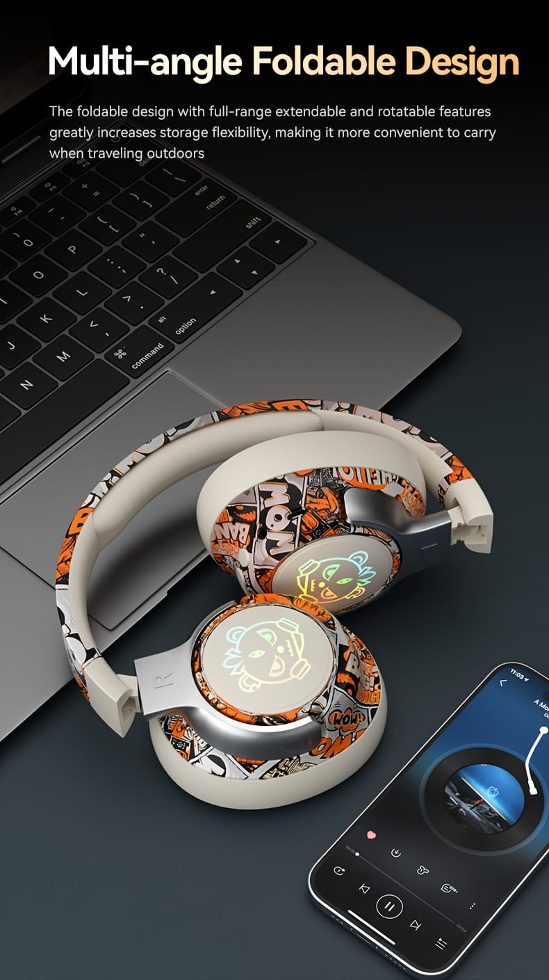 15-Hour Battery Life, Wireless Over-Ear Headphones with Lithium Battery - Low-Power Operation, Ideal for Gaming & Music, Outdoor Use, Push Button Control, Volume Control, No Charging Case, Gaming Headphones|Graffiti Design Headphones|Pushbutton Control Headphones