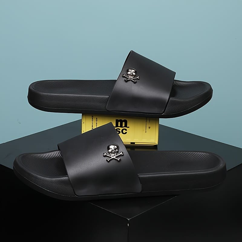Men's Slip-On Sandals with Skull Buckle Design - Lightweight PVC Upper & EVA Sole, Anti-Slip Comfort for Beach, Casual, Indoor/Outdoor Use - All-Season Black Unisex Slippers