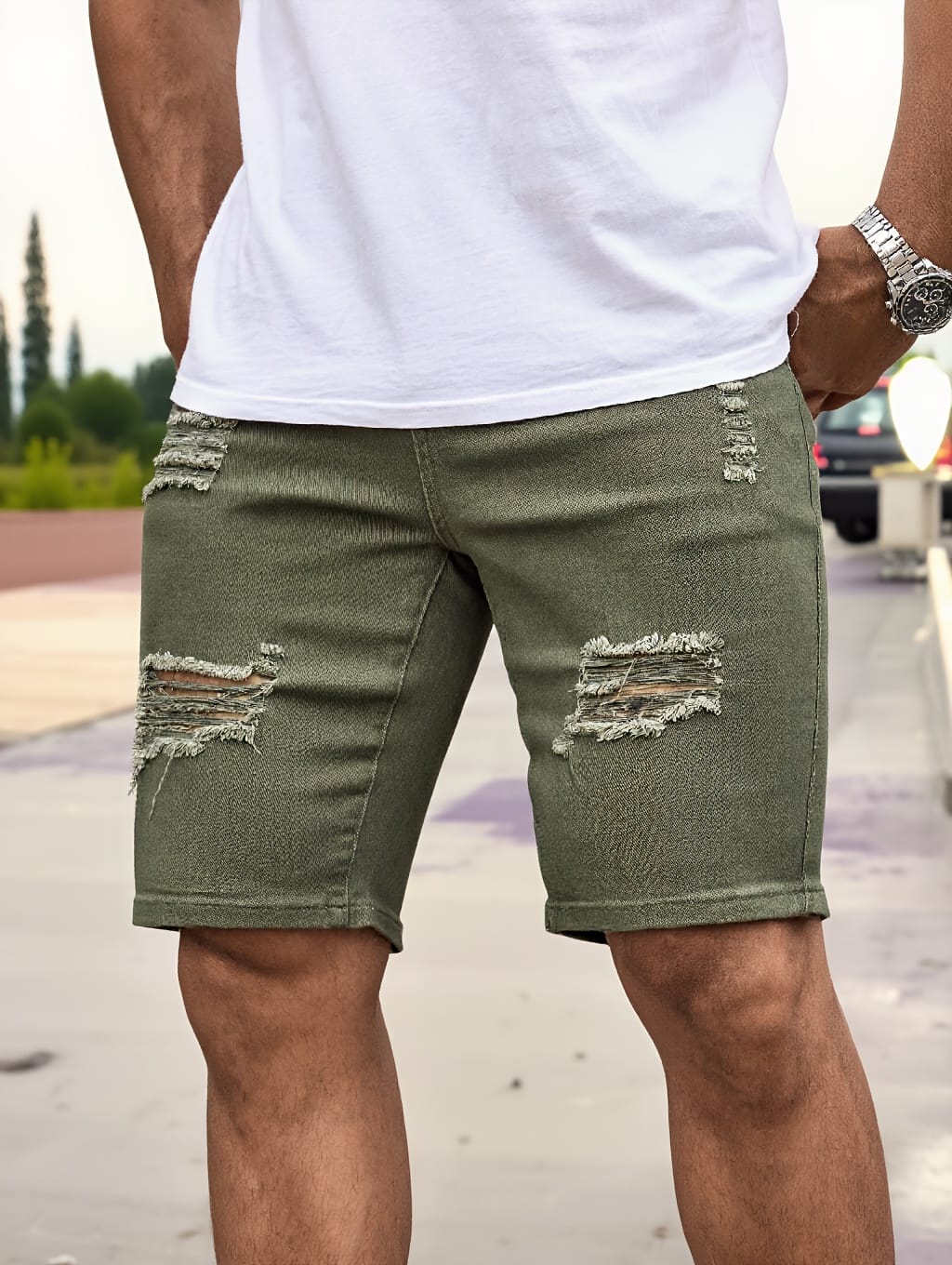 Denim Shorts in Army Green