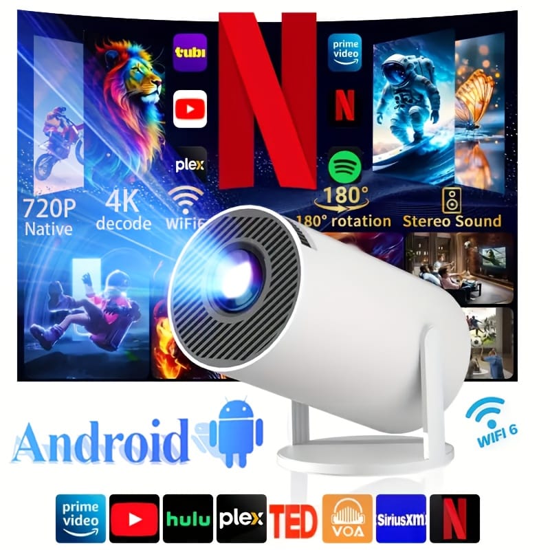 High-Definition Projector with Android 11 Operating System, Dual-Band WiFi, Native 720P/4K Decoding, High Brightness Display, Compact and Portable Design, Full Device Compatibility for Camping Movies, Office Presentations, Gaming, and Home Theater