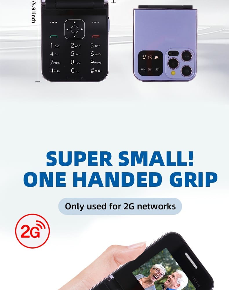 The new 2G foldable mobile phone features dual SIM dual standby for calls and text messages, 8-language switching, flashlight function, TF card insertion, portability, and is suitable for travel, school, and as a backup phone