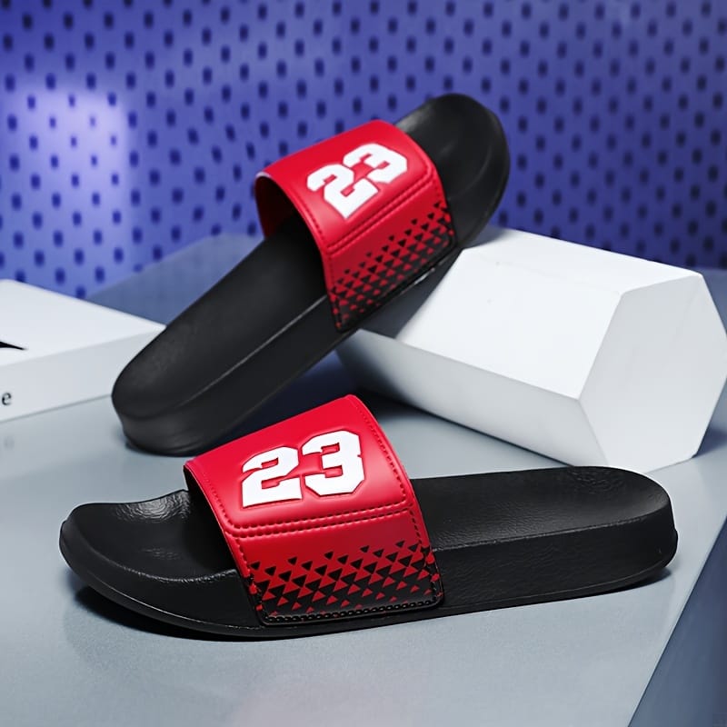 Men's Retro Streetwear Slip-On Sandals - Anti-Slip EVA Foam Casual Shoes with Checkerboard Pattern & Bold '23' Design, Black/Red Colorway for Indoor/Outdoor Use in Spring Summer Fall, Versatile Footwear, Slipresistant Footwear, Indoor Slippers, Urban Style, Durable Footwear, Antislip Soles, Casual Attire