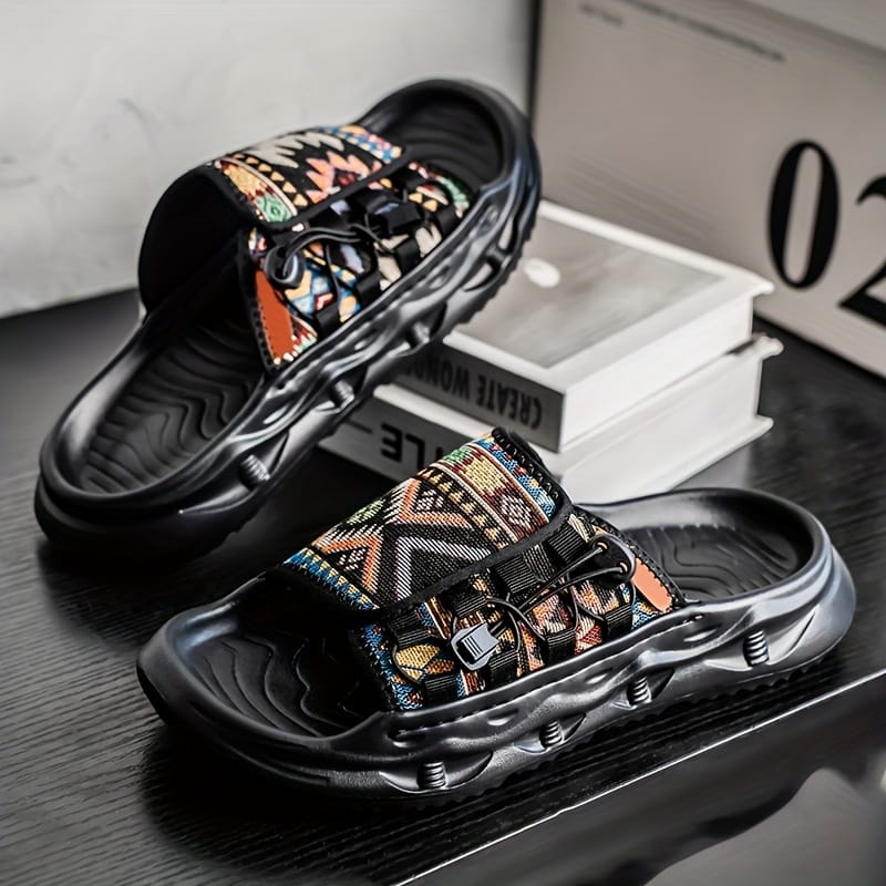 Men's Slip-On Sandals with Colorful Geometric Pattern - Soft EVA Sole, Breathable PU & Fabric Upper for Casual Outdoor Beach Wear - Lightweight Comfortable Round-Toe Design, Leisure Footwear | Vibrant Pattern Footwear | Durable Traction Sole