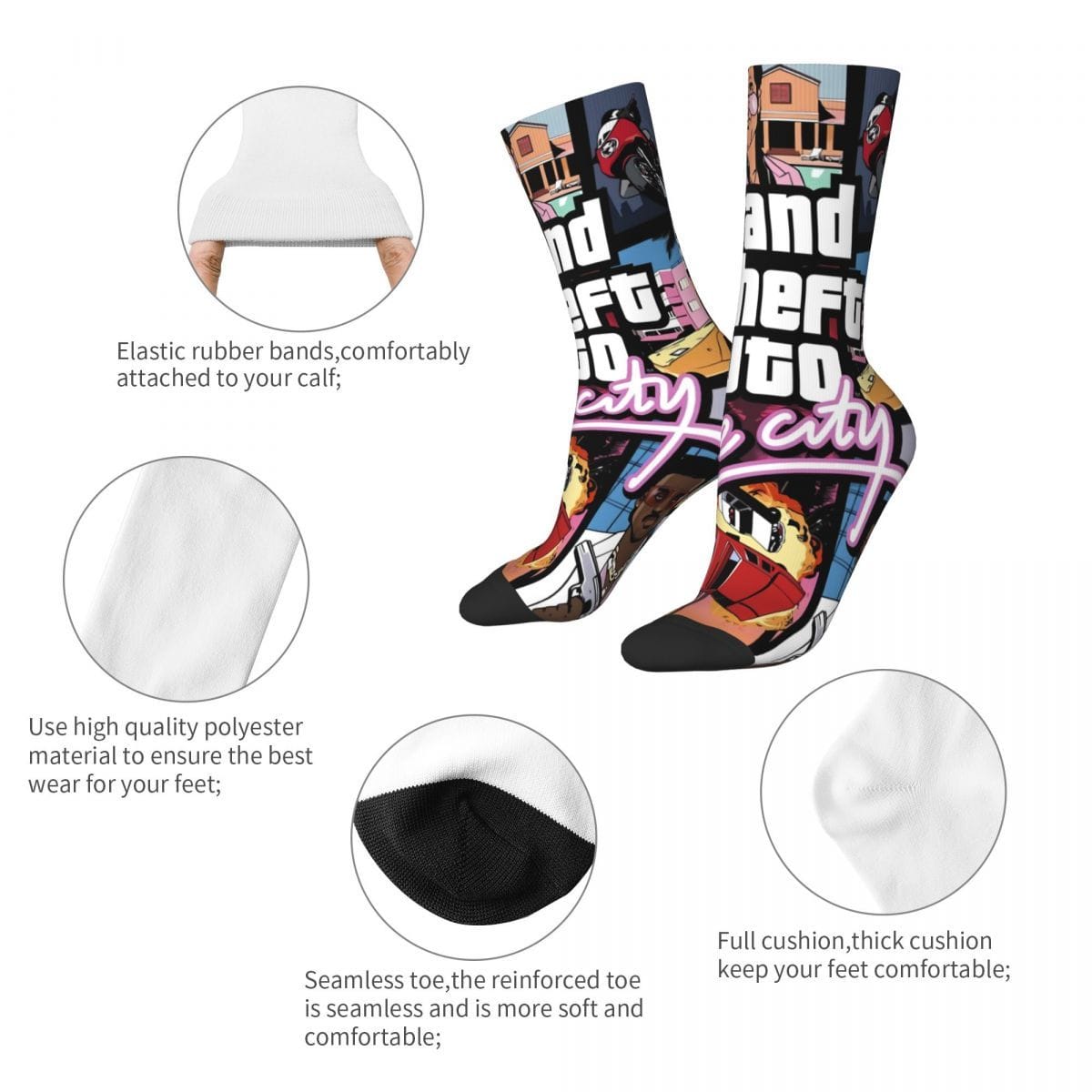 1 Pair Novelty Crew Socks - Polyester & Spandex Blend, Street Hip-Hop Style with Vibrant Random Prints, Comfortable Stretchy Unisex Socks for Men & Women, Machine Washable, Casual Footwear, Playful Design, Durable Construction