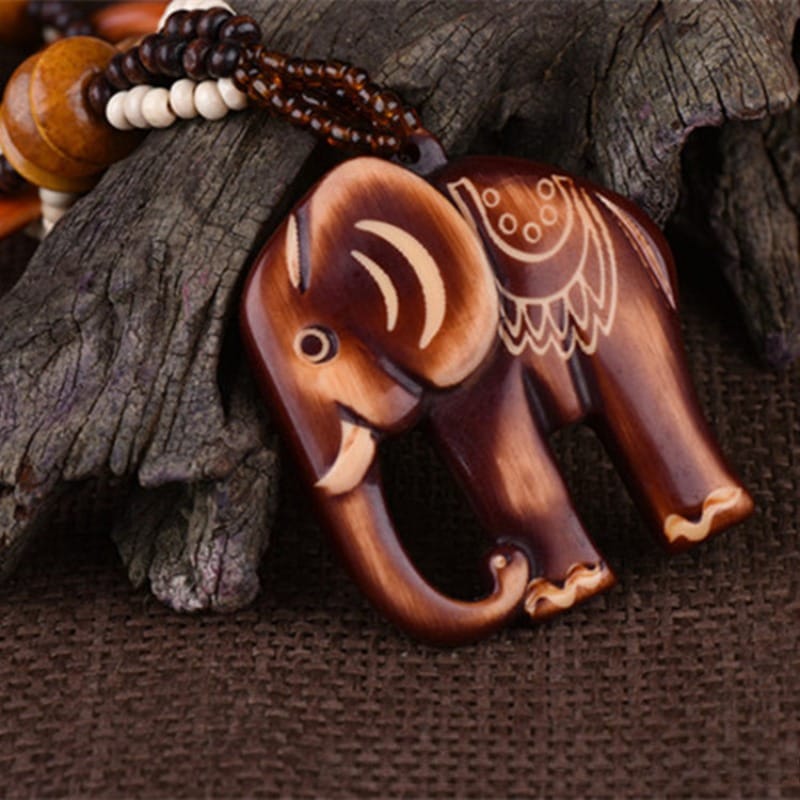 Handcrafted Wooden Ivory Elephant Pendant Necklace - Bohemian Vintage Unisex Jewelry with Bead Accents, Natural Wood Grain Texture for Men & Women, Year-Round Festival & Party Accessory, Elephant Jewelry, Versatile Fashion Piece, Minimalist Design, Earthy Tone Beads