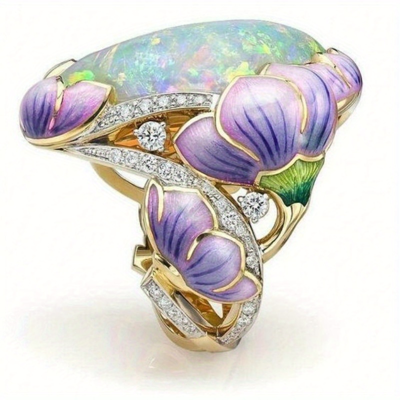 Vintage Floral Enamel Ring for Women - Boho Style Copper with Synthetic Cubic Zirconia, Purple & Green Flower Design, Perfect for Daily Wear or Gifting, Vintage Jewelry