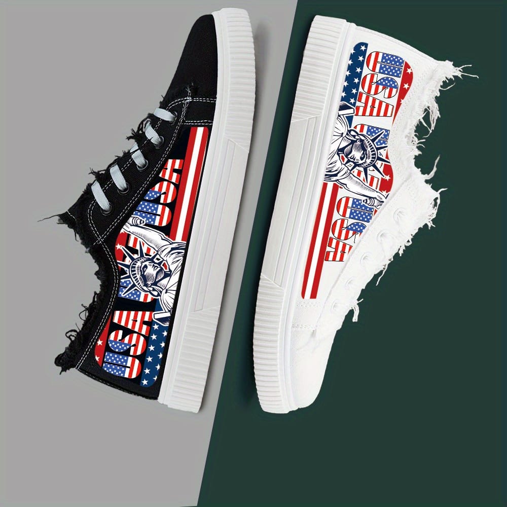 Women'S Patriotic American Flag Skate Shoes - Breathable Fabric Upper, White with Red & Blue Print, Lace-Up Casual Sneakers for All-Season Comfort, Casual Footwear | Laceup Sneakers | Comfortable Fit