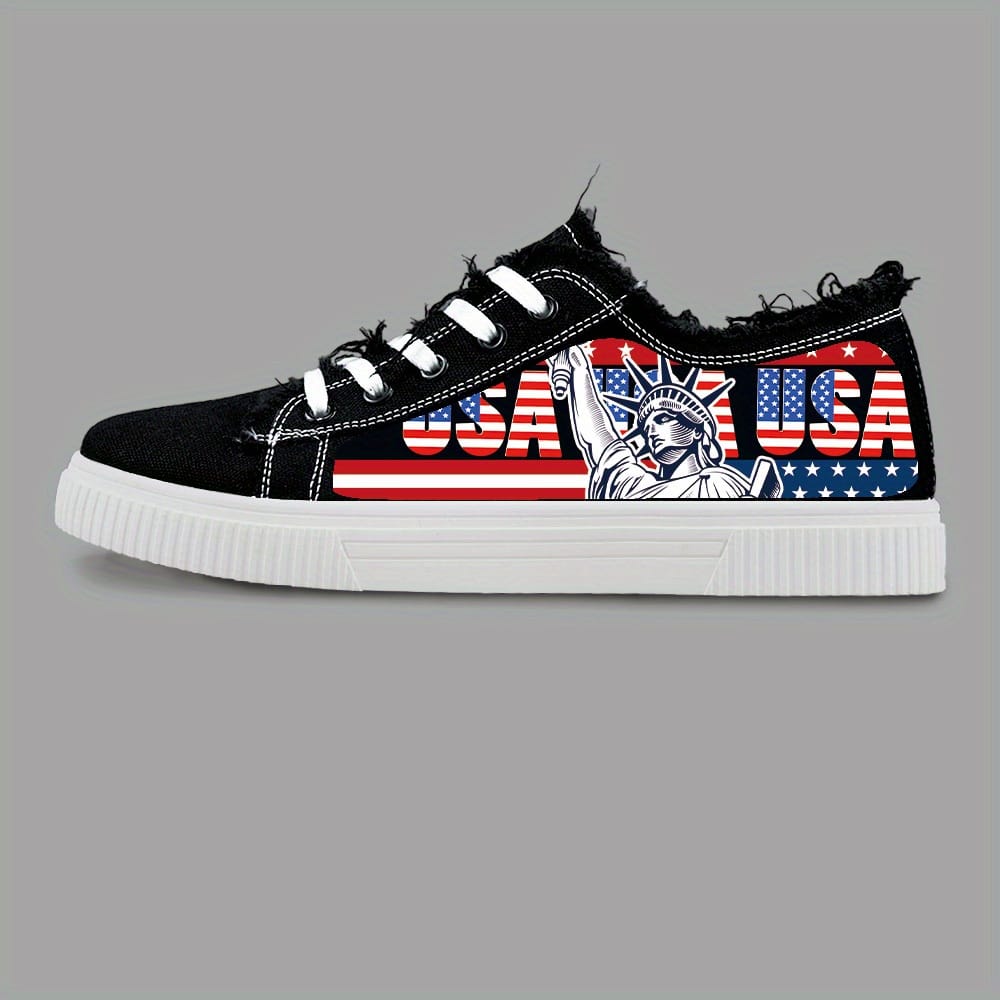 Women'S Patriotic American Flag Skate Shoes - Breathable Fabric Upper, White with Red & Blue Print, Lace-Up Casual Sneakers for All-Season Comfort, Casual Footwear | Laceup Sneakers | Comfortable Fit