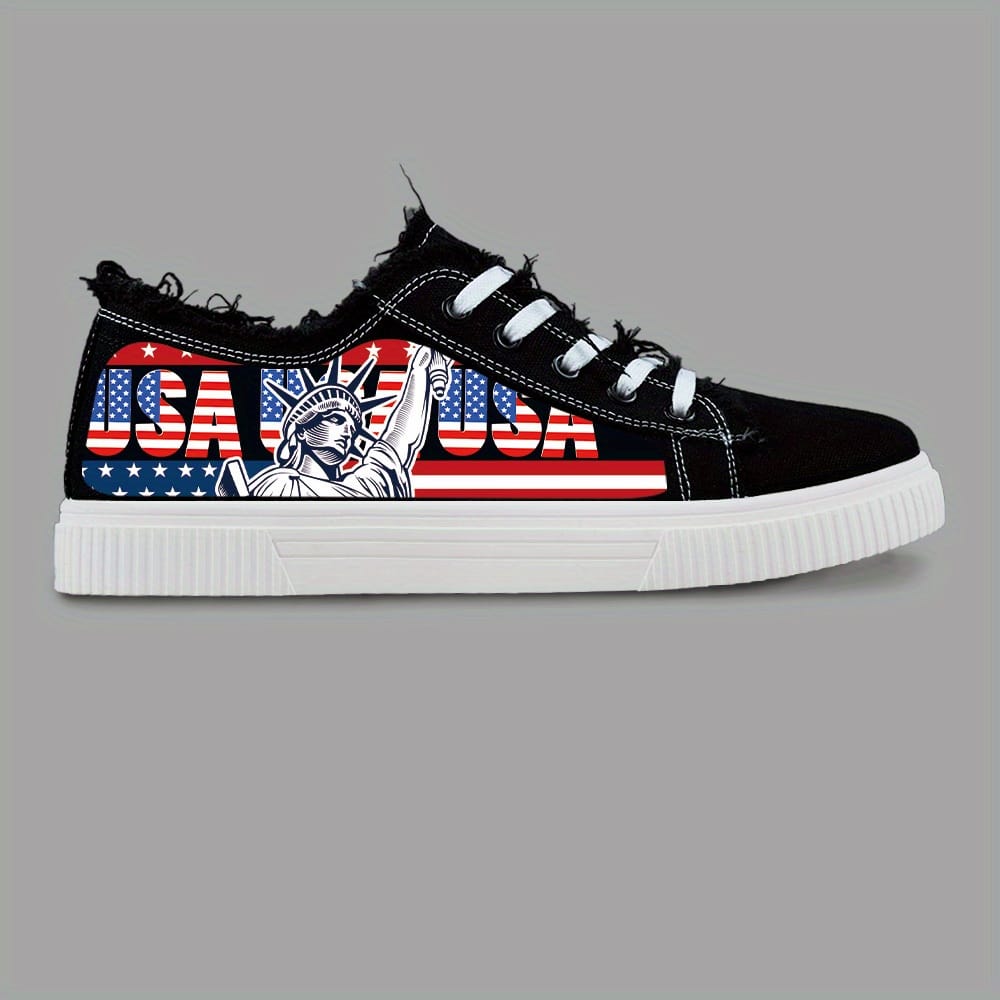 Women'S Patriotic American Flag Skate Shoes - Breathable Fabric Upper, White with Red & Blue Print, Lace-Up Casual Sneakers for All-Season Comfort, Casual Footwear | Laceup Sneakers | Comfortable Fit