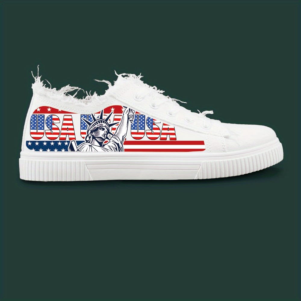 Women'S Patriotic American Flag Skate Shoes - Breathable Fabric Upper, White with Red & Blue Print, Lace-Up Casual Sneakers for All-Season Comfort, Casual Footwear | Laceup Sneakers | Comfortable Fit