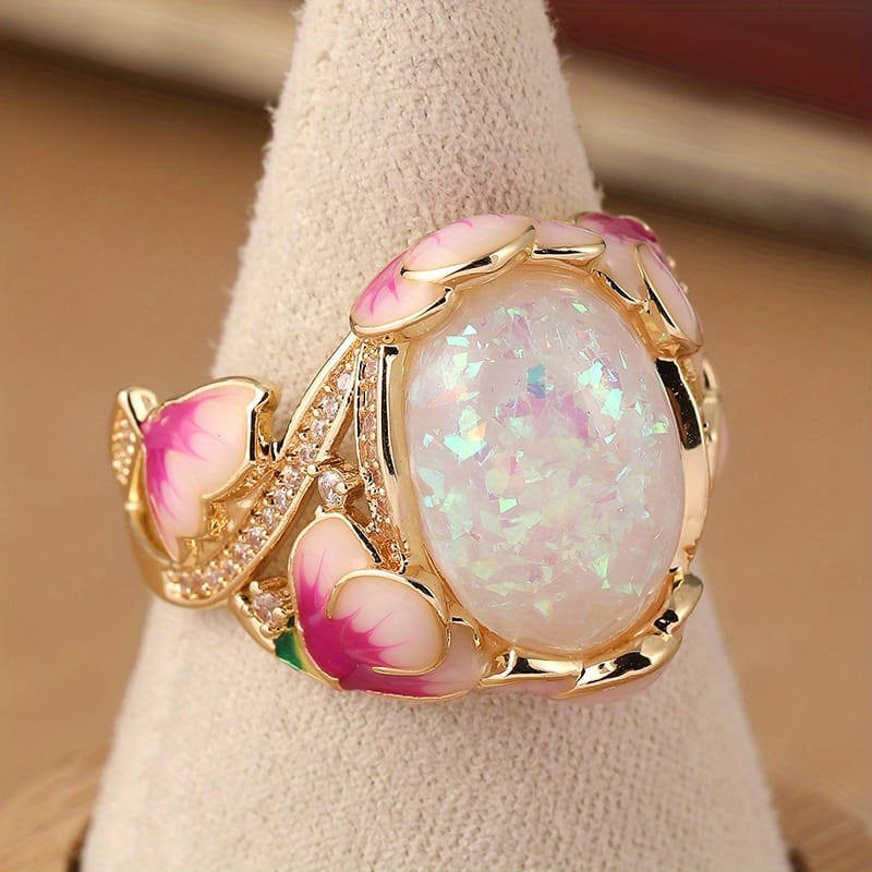 Elegant Vintage-Inspired Enamel Ring with Synthetic Opal - Noble Golden Plated, Pink Floral Accents, Perfect for Holiday Parties & Daily Wear, Unique Gift Idea, Holiday Accessory|Elegant Enamel Ring|Detailed Craftsmanship, Christmas Jewelry