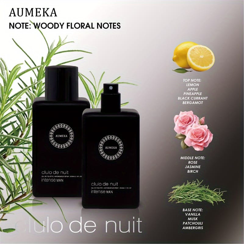 AuMEKA Clulo de Nuit Intense Men'S Eau de Toilette & Vaporisateur Spray Luxury Glass Bottle with Black Label, Woody Floral Scent, Sulfate-Free Perfume for Men, Sophisticated Design, Premium Packaging