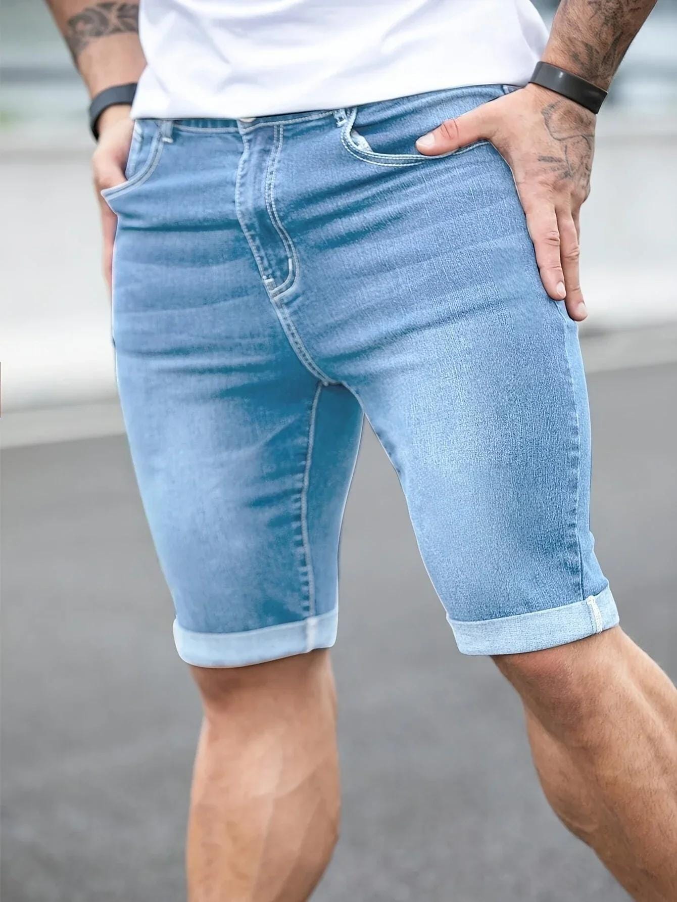 1pc Men'S Casual Loose Fit Denim Shorts - American Street Style, Knee-Length, Light Blue, Distressed Details, Perfect for Daily Wear, Casual Attire|Distressed Denim|Medium Elasticity