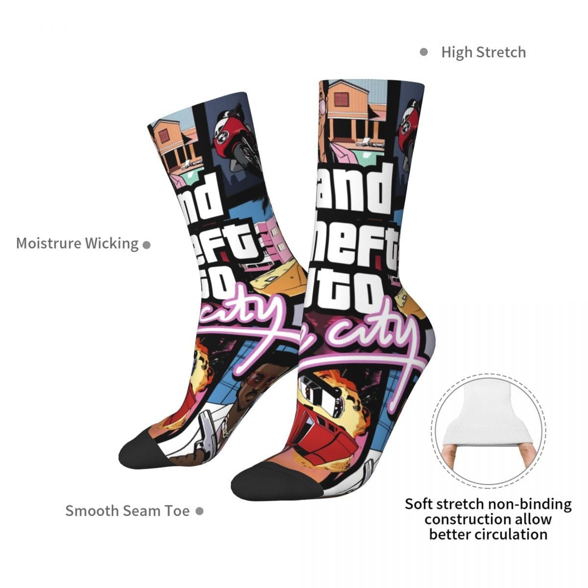 1 Pair Novelty Crew Socks - Polyester & Spandex Blend, Street Hip-Hop Style with Vibrant Random Prints, Comfortable Stretchy Unisex Socks for Men & Women, Machine Washable, Casual Footwear, Playful Design, Durable Construction