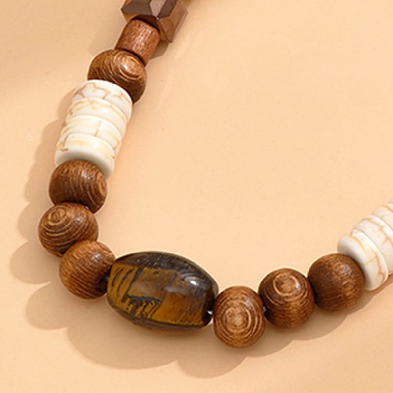 Bohemian Wooden Beaded Long Necklace with Vacation-Style Rattan Ring, Retro Ethnic Accessory Featuring Randomly Assorted Large Beads