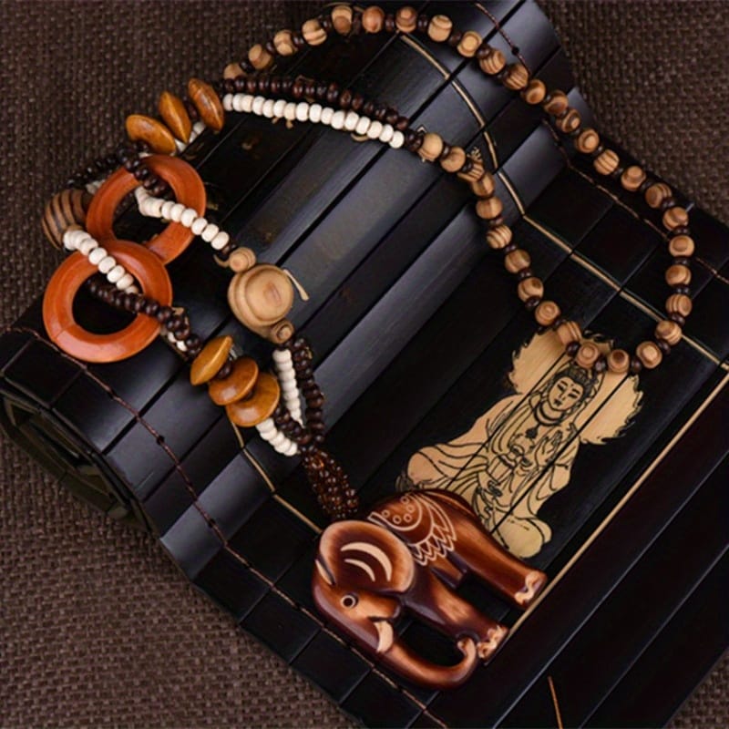 Handcrafted Wooden Ivory Elephant Pendant Necklace - Bohemian Vintage Unisex Jewelry with Bead Accents, Natural Wood Grain Texture for Men & Women, Year-Round Festival & Party Accessory, Elephant Jewelry, Versatile Fashion Piece, Minimalist Design, Earthy Tone Beads