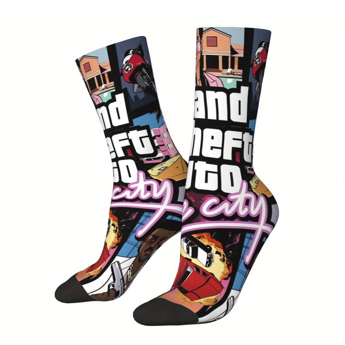 1 Pair Novelty Crew Socks - Polyester & Spandex Blend, Street Hip-Hop Style with Vibrant Random Prints, Comfortable Stretchy Unisex Socks for Men & Women, Machine Washable, Casual Footwear, Playful Design, Durable Construction