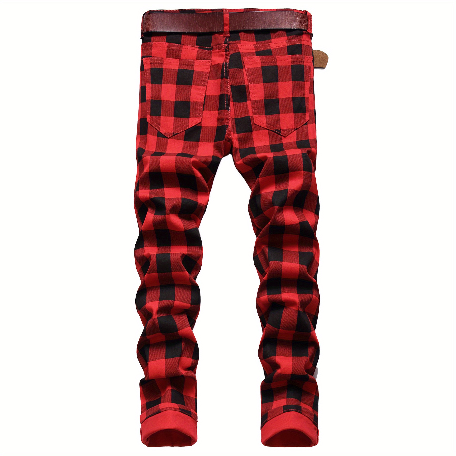 Men's Plaid Pattern Slim Fit And Cuffed Denim Jeans With Multiple Pockets, Classic And Chic Pants For All Seasons Leisurewear