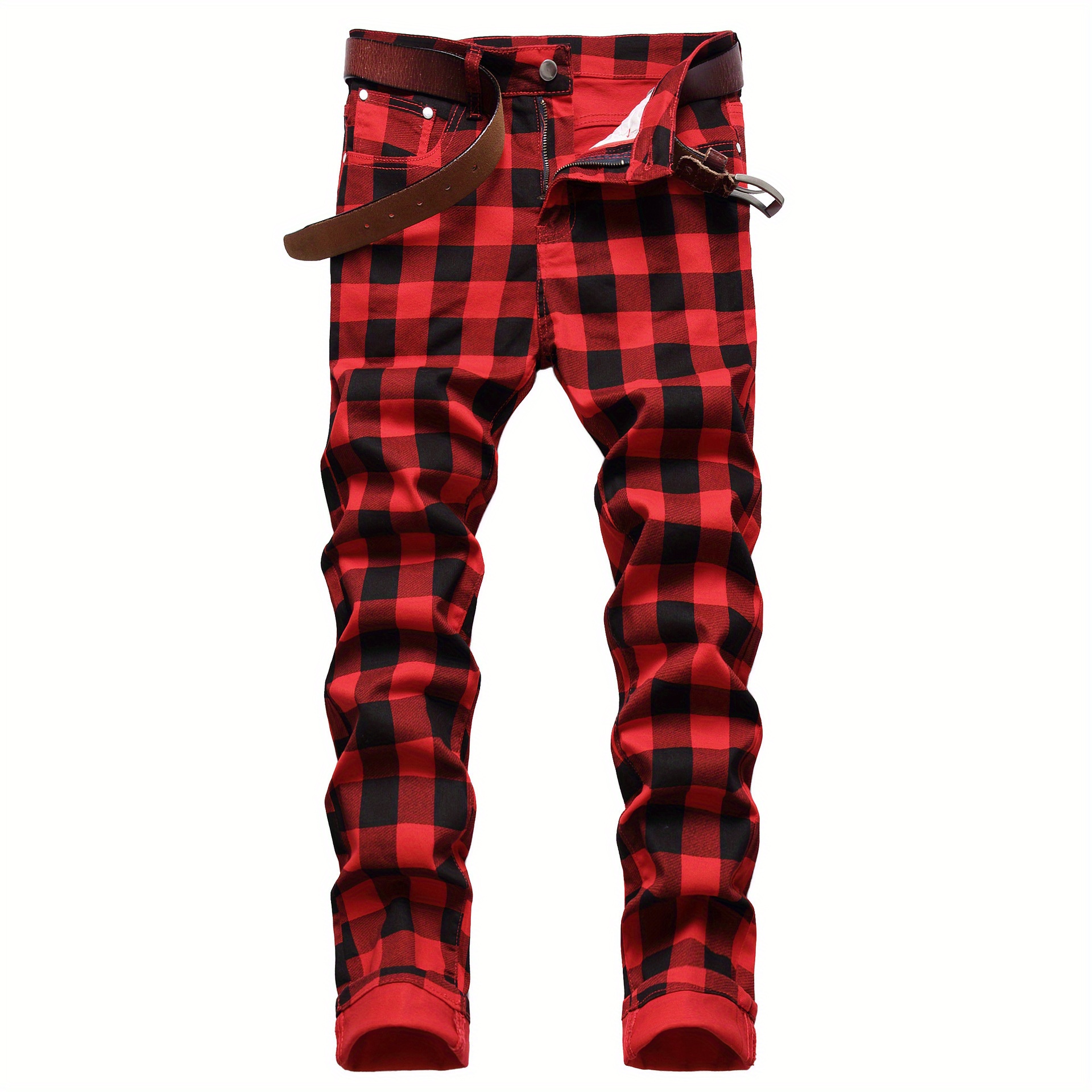 Men's Plaid Pattern Slim Fit And Cuffed Denim Jeans With Multiple Pockets, Classic And Chic Pants For All Seasons Leisurewear