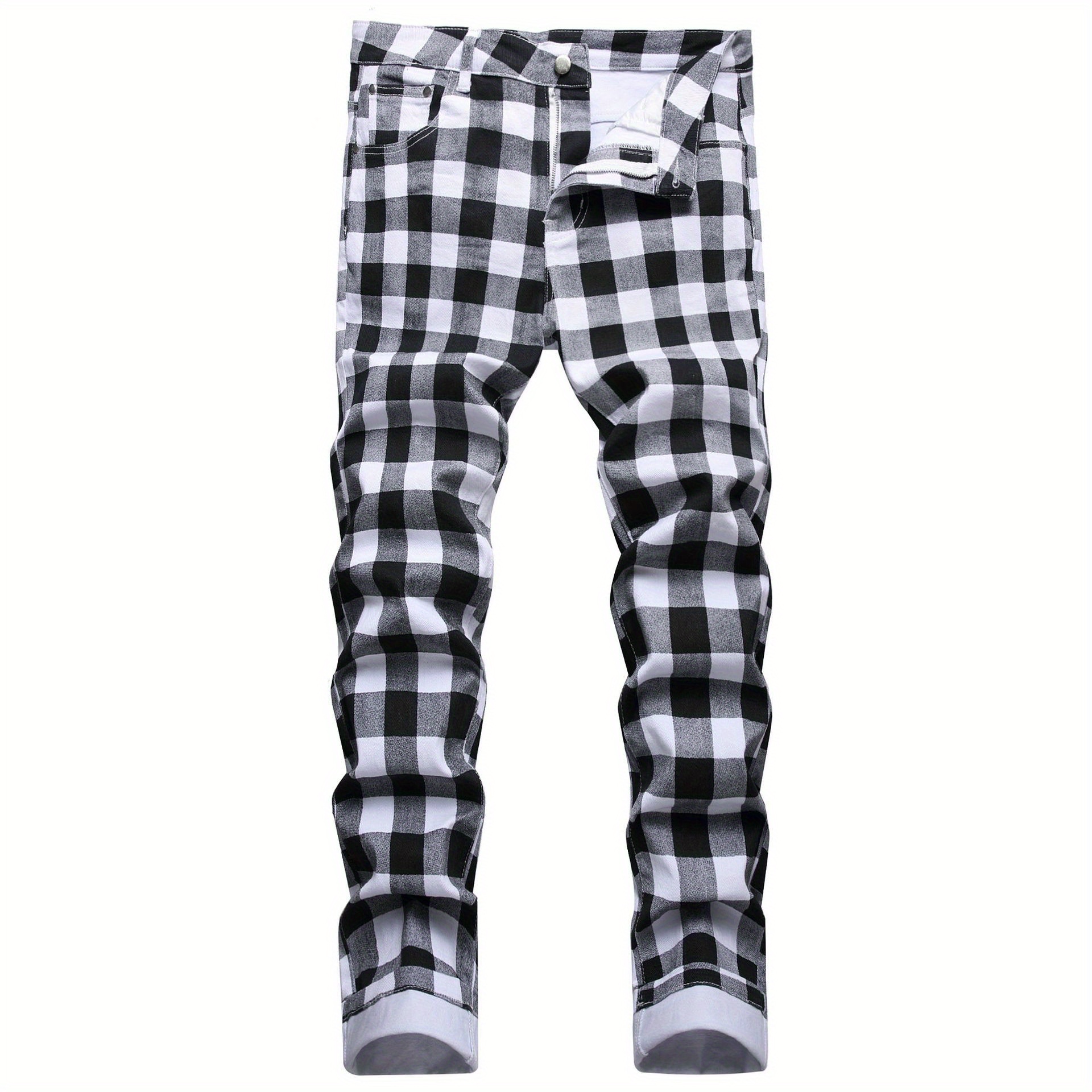 Men's Plaid Pattern Slim Fit And Cuffed Denim Jeans With Multiple Pockets, Classic And Chic Pants For All Seasons Leisurewear