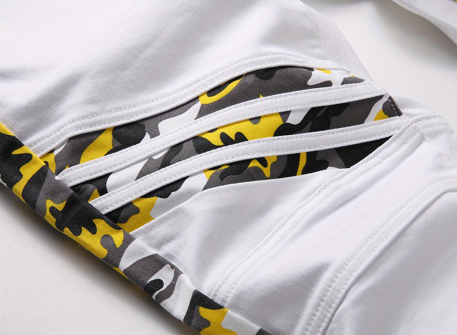 Camouflage Pattern Slim Fit Jeans, Men's Casual Slightly Stretch Street Style Slant Pockets Denim Jeans For Spring Summer