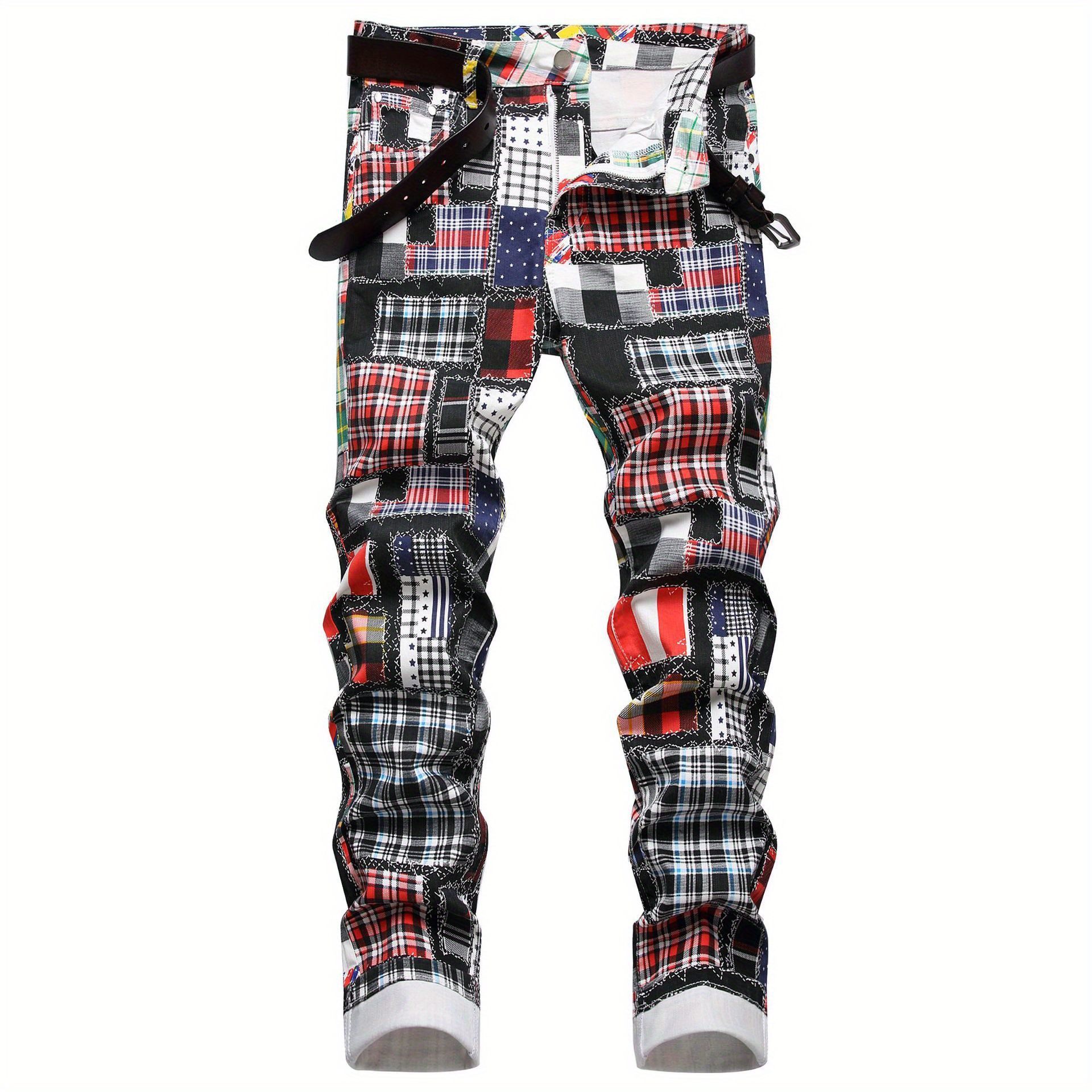 Men's Skinny Jeans - Slim Fit Pants with Multi-Color Plaid Patterns (Red/Black/White/Blue/Gray/), No Belt Loops, Machine Washable for Party & Casual Attire - Teens & Adults, Streetwear Style, Bold Prints, Quality Stitching, Fashion Bottoms, Young Adults
