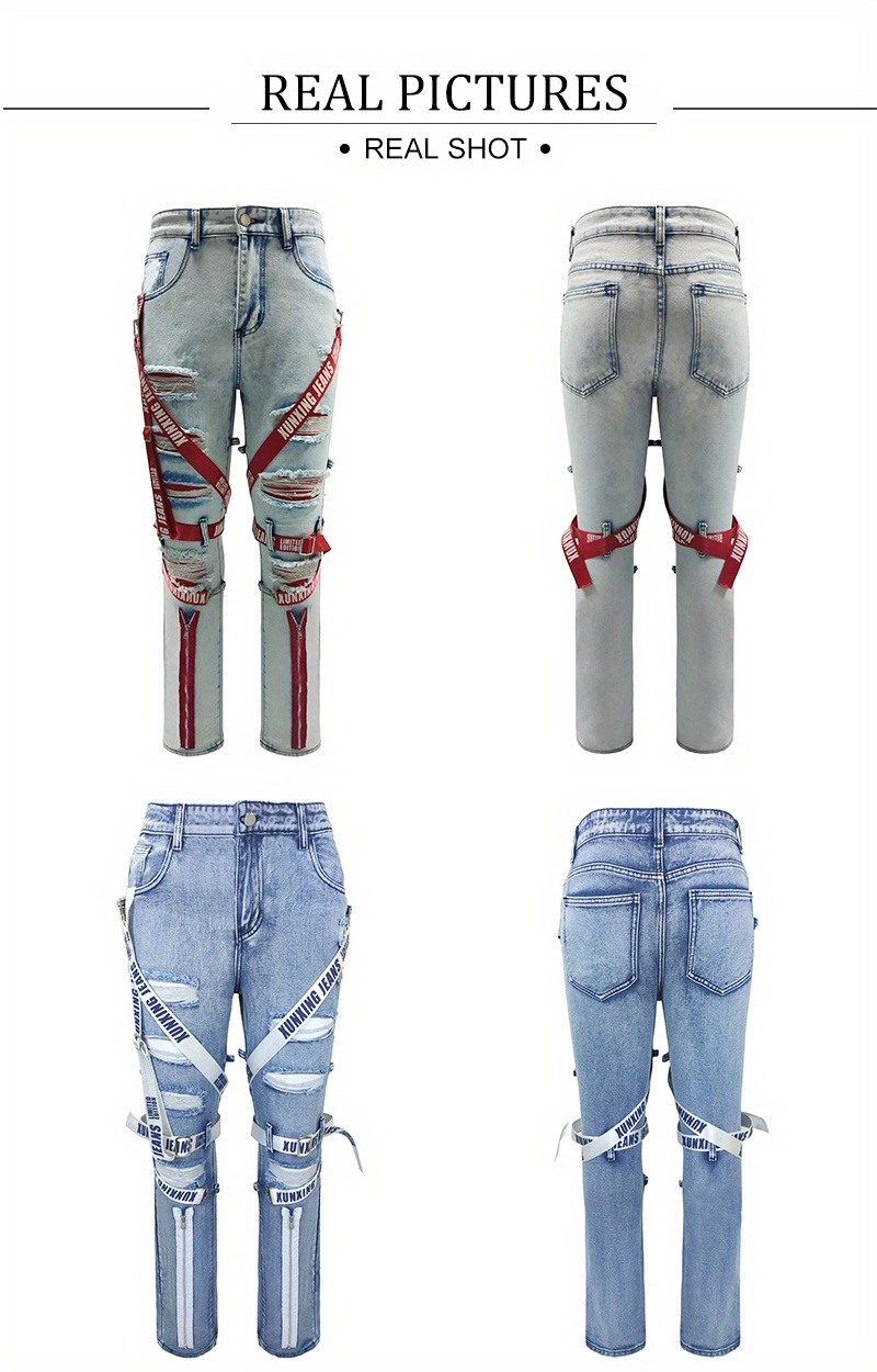 Casual Street Style Bandage And Zipper Decor Jeans, Men's Trendy Denim Pants For Spring Summer