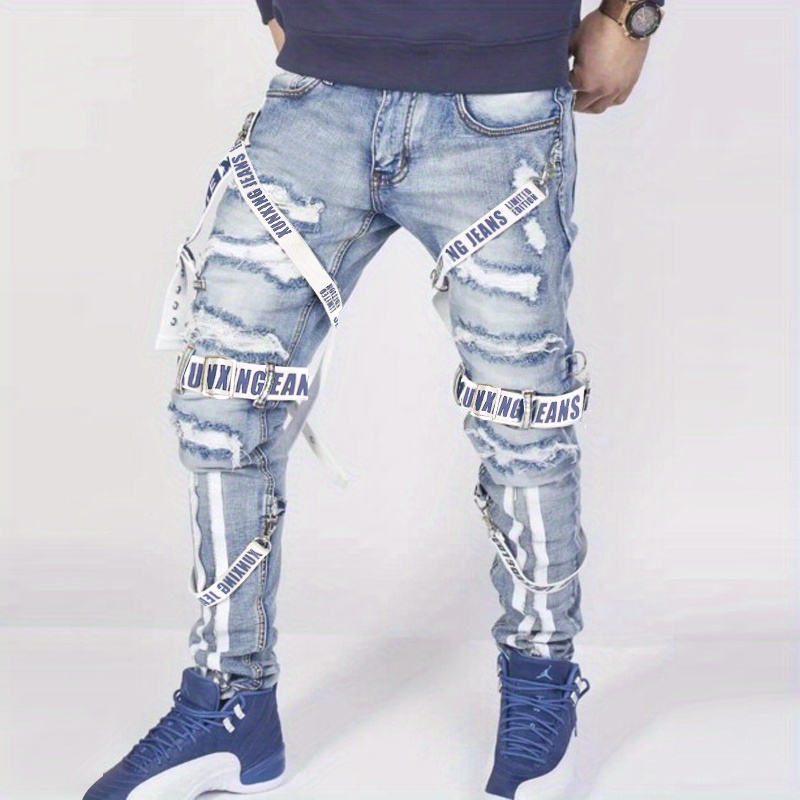 Casual Street Style Bandage And Zipper Decor Jeans, Men's Trendy Denim Pants For Spring Summer