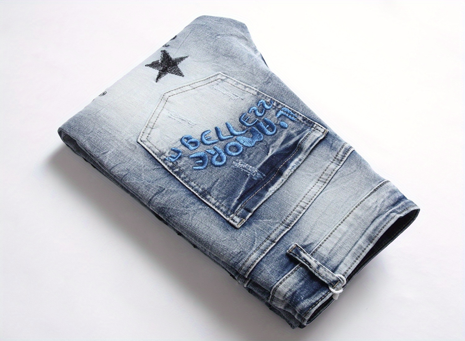 European and American Hip-Hop Street Style Daily Ultra-Thick Embroidered Stretch Slim Fit Straight-Leg Jeans for Men, Outdoor Casual Pants