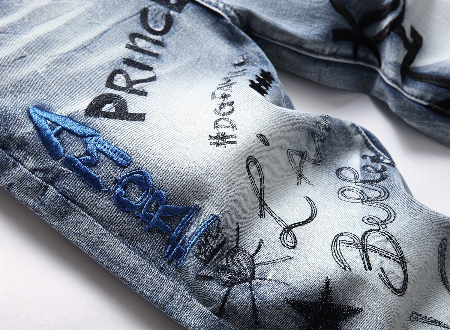 European and American Hip-Hop Street Style Daily Ultra-Thick Embroidered Stretch Slim Fit Straight-Leg Jeans for Men, Outdoor Casual Pants