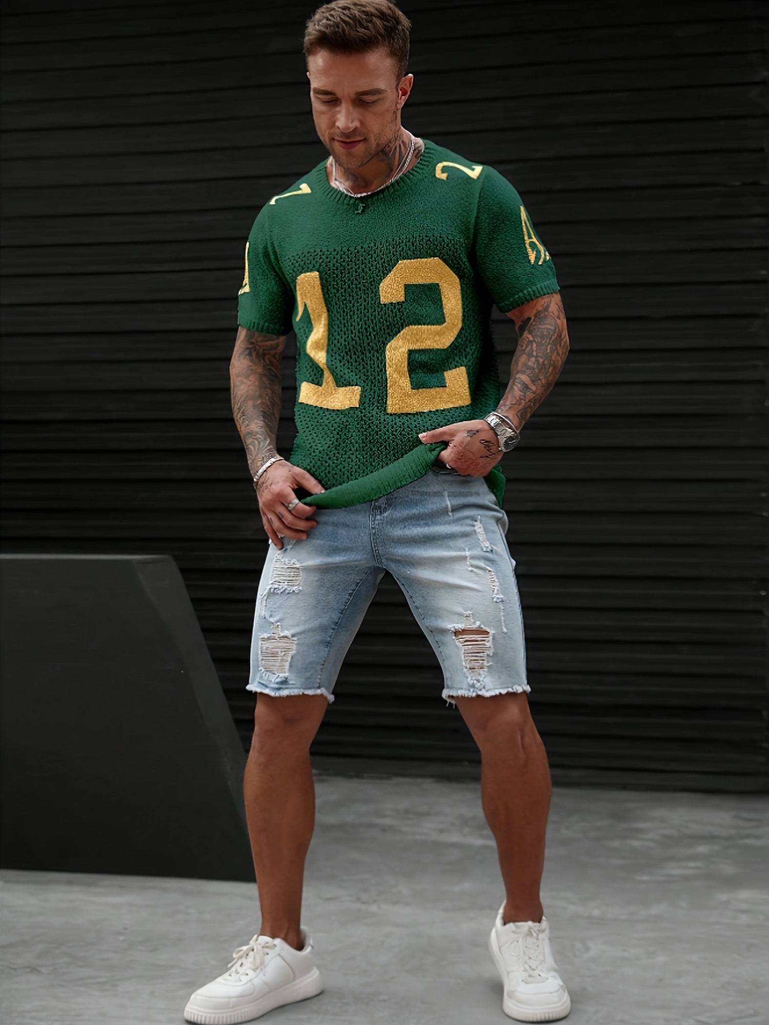Men'S Green & Golden Number 12 Football Jersey - Casual Knit Crew Neck Pullover with Geometric Pattern, Regular Fit for Summer Wear, Sports Fan Apparel | Geometric Pattern Top | Stretchy Fabric, Football Shirt