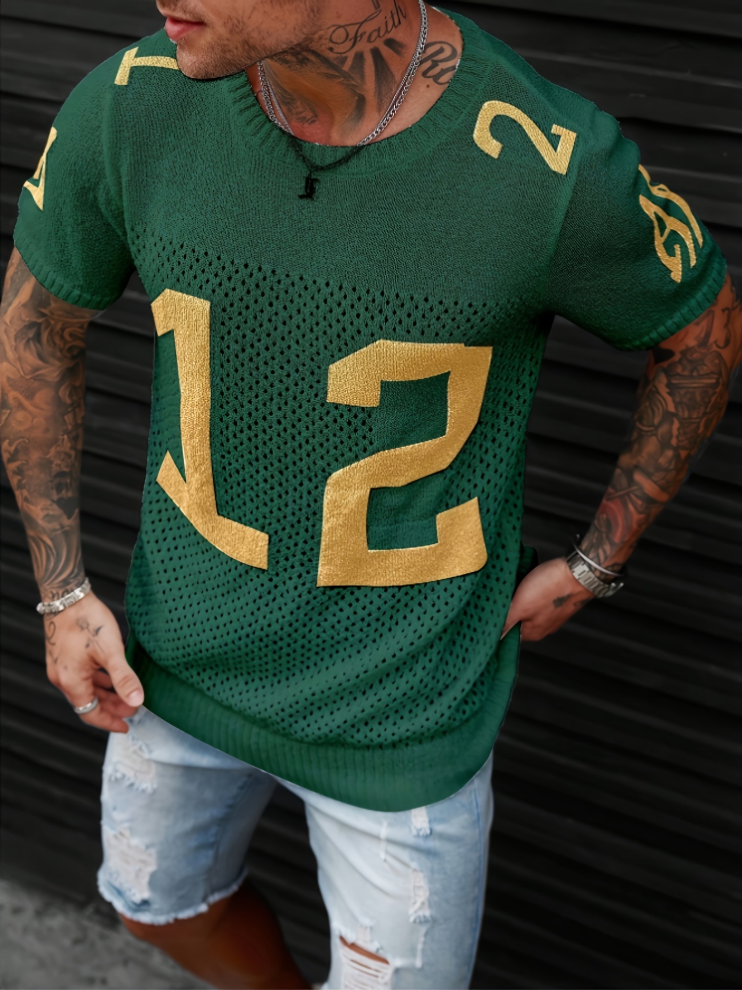 Men'S Green & Golden Number 12 Football Jersey - Casual Knit Crew Neck Pullover with Geometric Pattern, Regular Fit for Summer Wear, Sports Fan Apparel | Geometric Pattern Top | Stretchy Fabric, Football Shirt