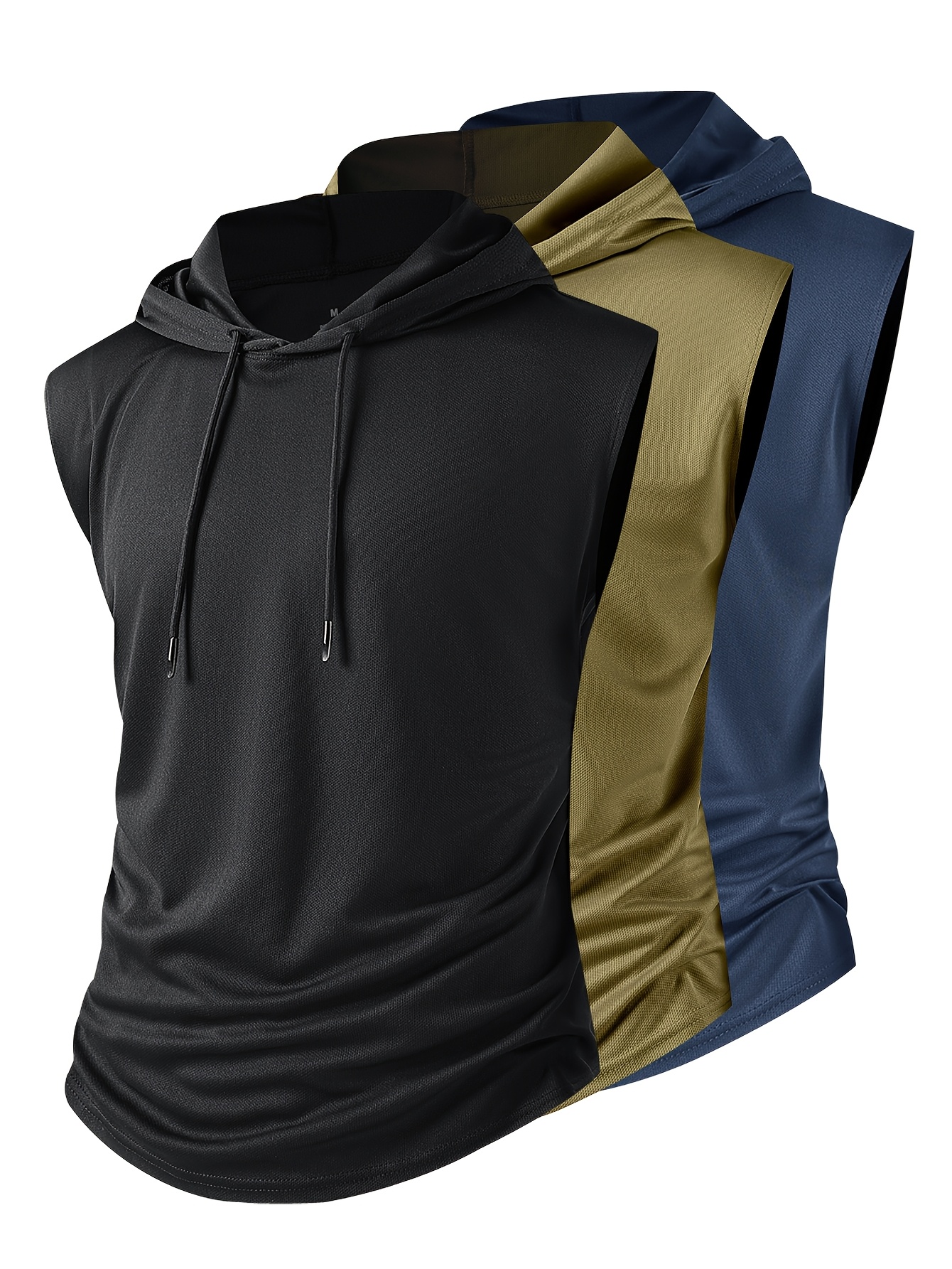 3pcs Men's Quick-Dry Breathable Gym Hooded Tank Tops - Moisture-Wicking Workout Shirts with Adjustable Drawstring, Black/Navy/Olive Green for Summer Fitness & Casual Wear, Gym Clothes