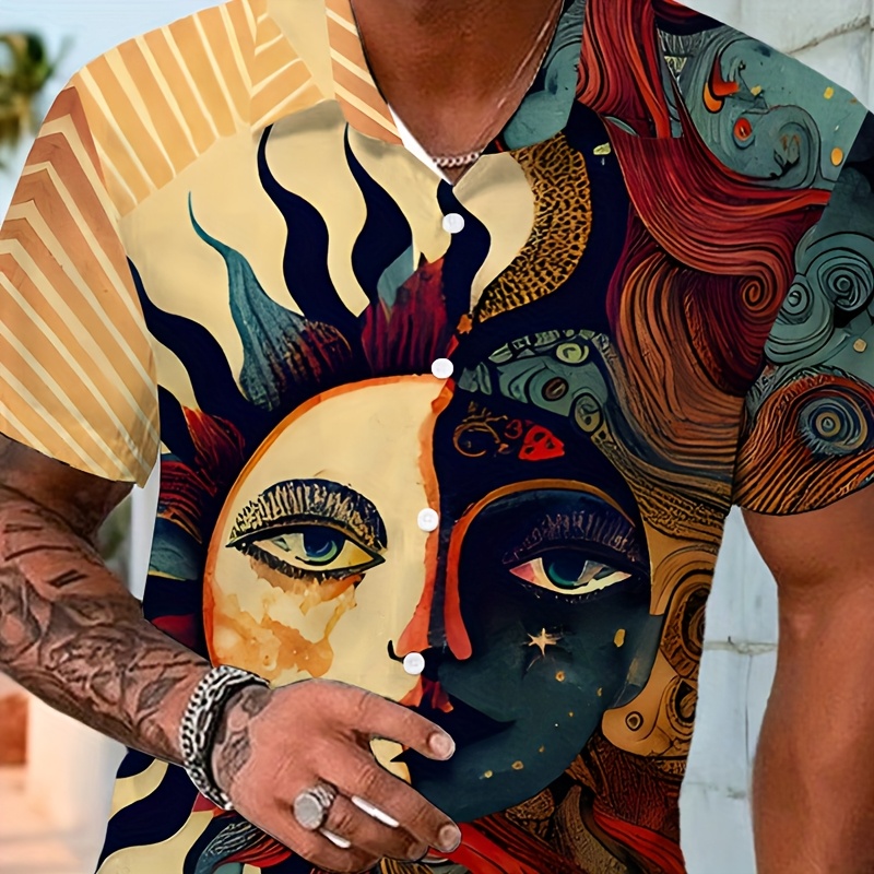 Men'S Summer Short Sleeve Shirt - Vibrant Sun and Moon Design, Casual Button-Up Style, Non-Stretch Fabric, Regular Fit, Perfect for Casual Attire, Summer Casual Wear | Vibrant Print Shirt | Nonstretch Fabric