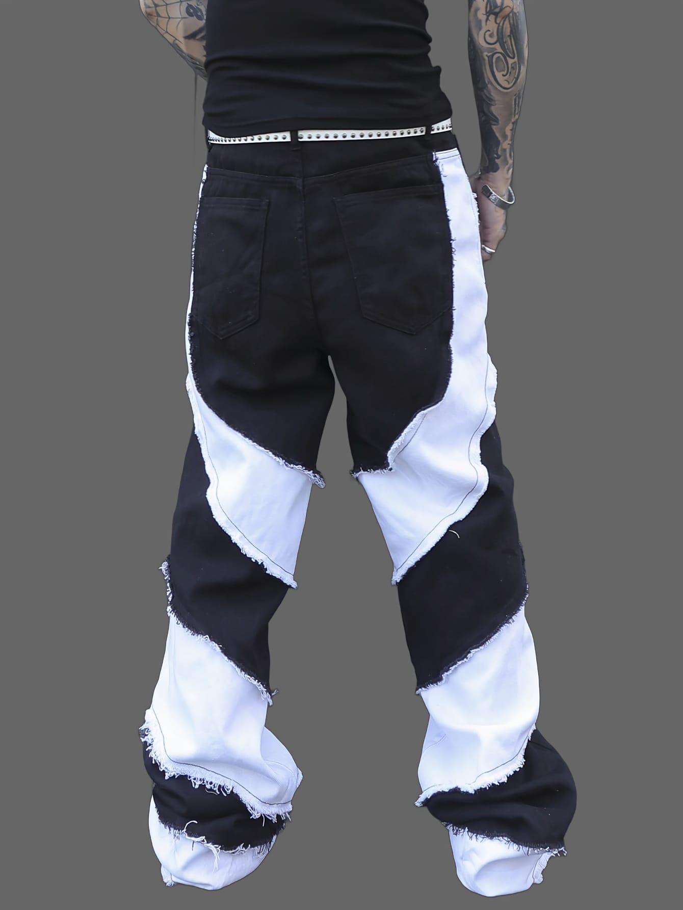 Men'S Black and White Color Block Cargo Pants, Loose Fit Wide Leg Jeans with Raw Wash Detail, Street Style Non-Stretch Denim for All Seasons, Casual Wear Pants | Streetwear Pants | Denim Fabric