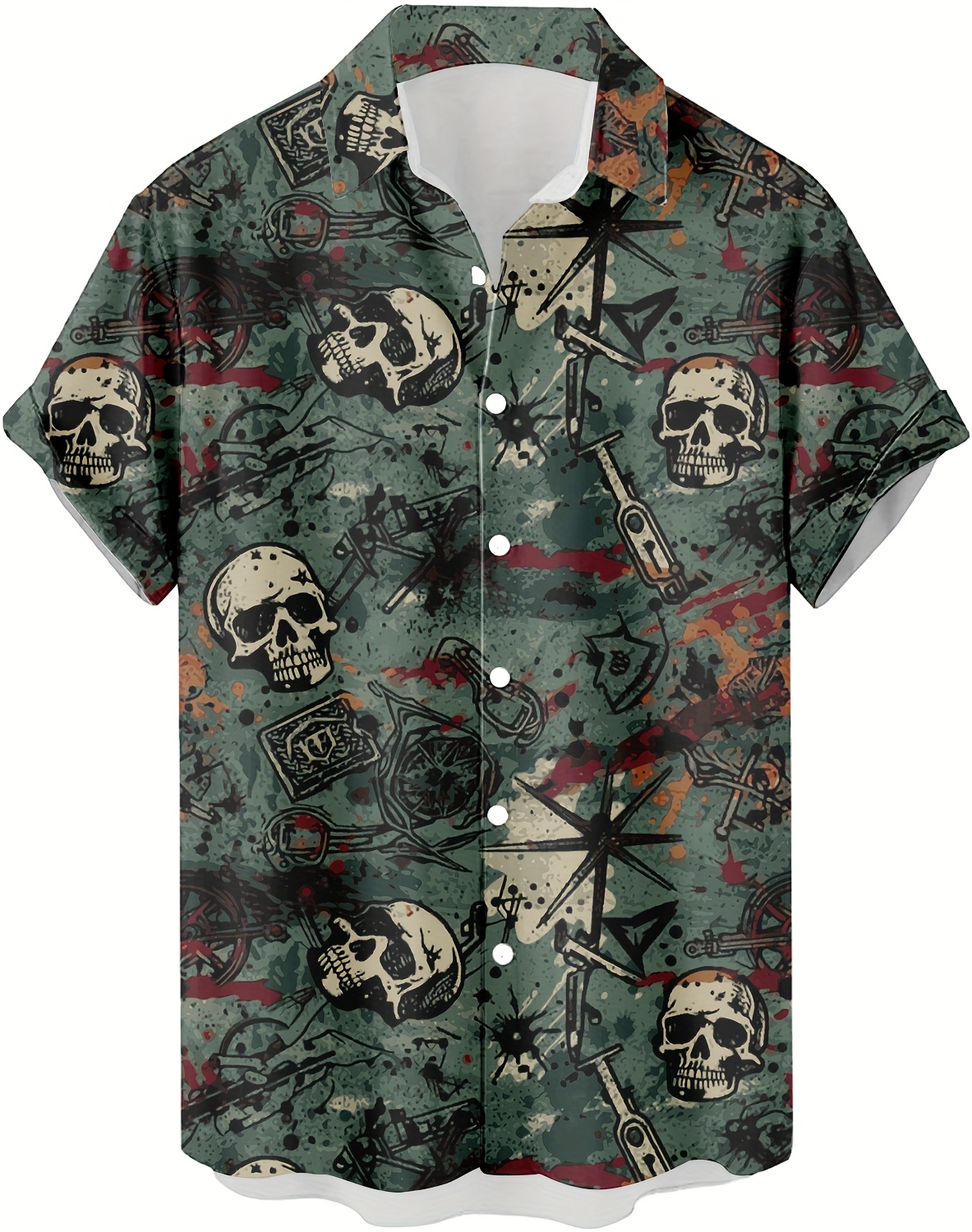 Men's Casual Short Sleeve Shirt with 3D Skull & Crossed Swords Print - 95% Polyester 5% Spandex Blend, Lightweight 100gsm Summer Streetwear, Hip-Hop Rock Graphic Tee, Regular Fit Button-Up