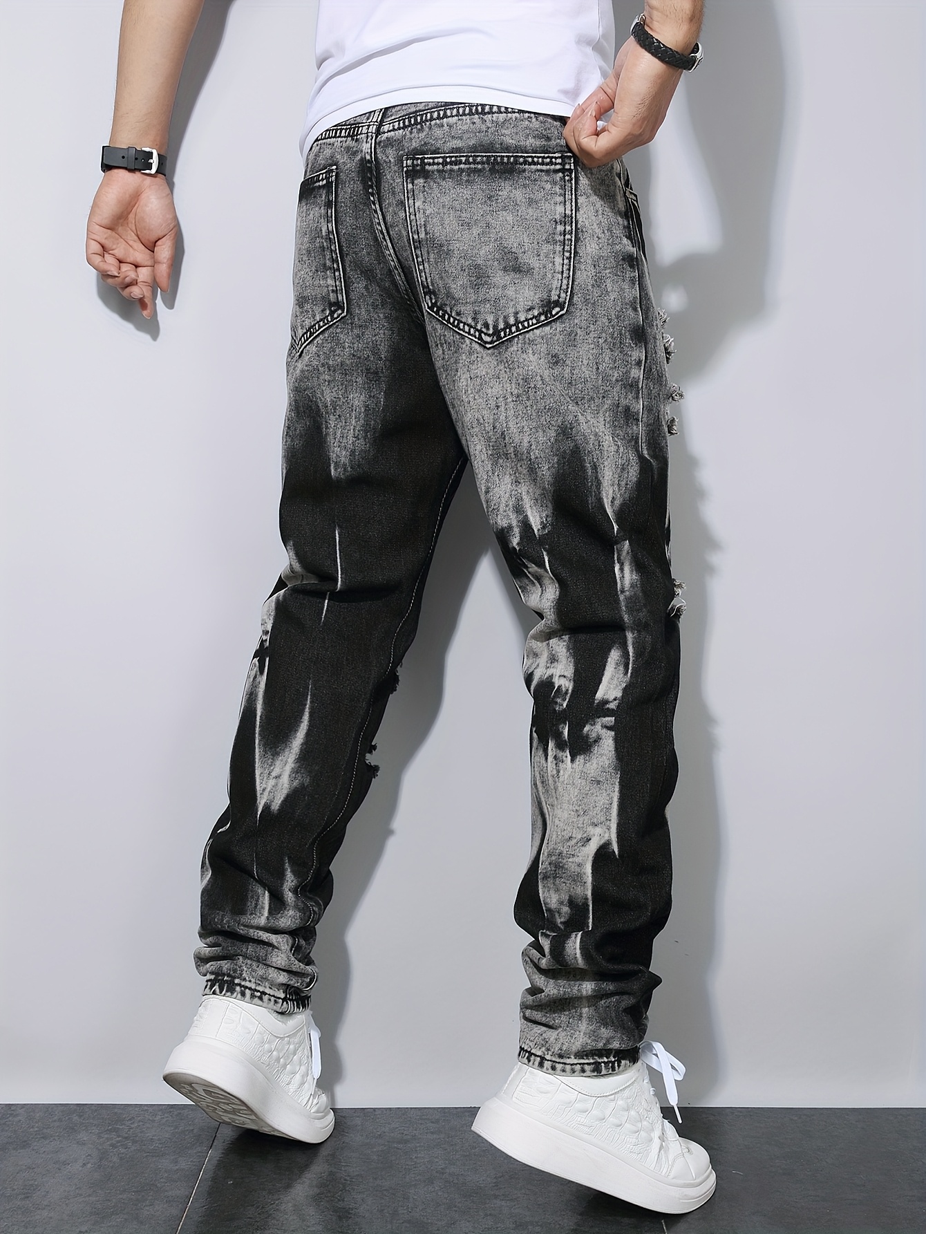 Men'S Black Distressed Faux Denim in European And American Style with Full Rips for Instagram.