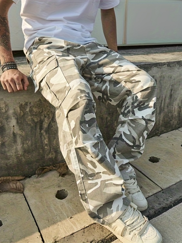 Men'S Washed Camo High-Street Style Cargo Straight-Leg Jeans - Loose Fit, Non-Stretch Denim, Casual All-Season Wear with Raw Wash Detail, Comfortable Denim Jeans | Streetwear Fashion | Versatile Clothing, High Street Jeans