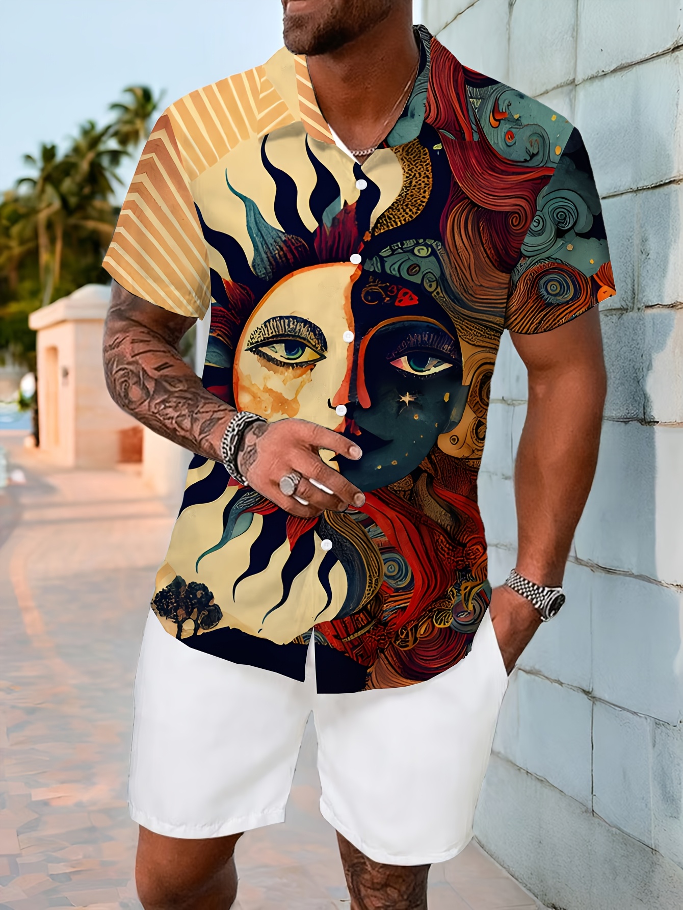 Men'S Summer Short Sleeve Shirt - Vibrant Sun and Moon Design, Casual Button-Up Style, Non-Stretch Fabric, Regular Fit, Perfect for Casual Attire, Summer Casual Wear | Vibrant Print Shirt | Nonstretch Fabric