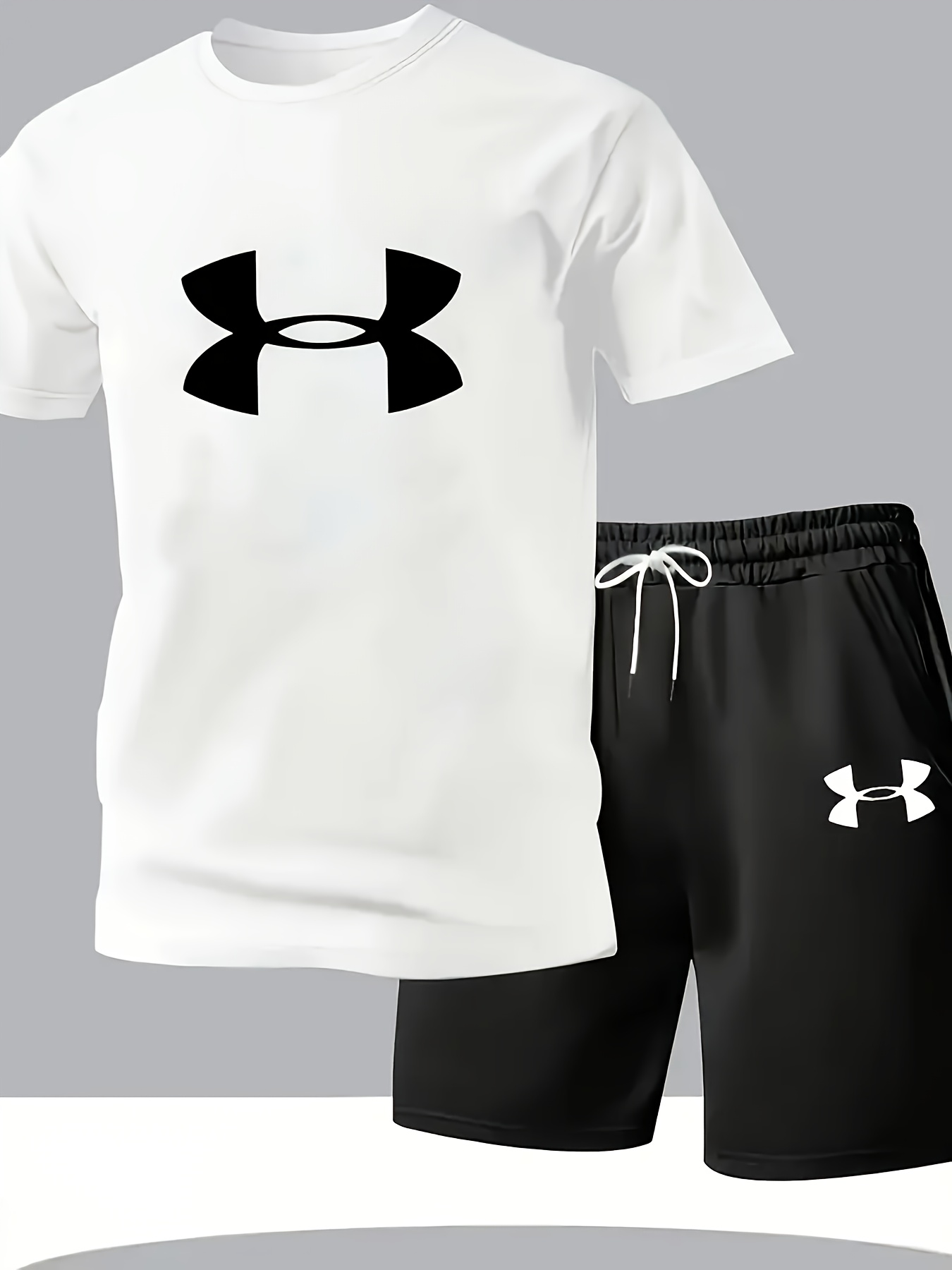 Elson OBM 2pcs Men's Casual Sportswear Set, Fashionable Pattern Print Round Neck T-Shirt and Drawstring Shorts for Summer Outdoor Activities