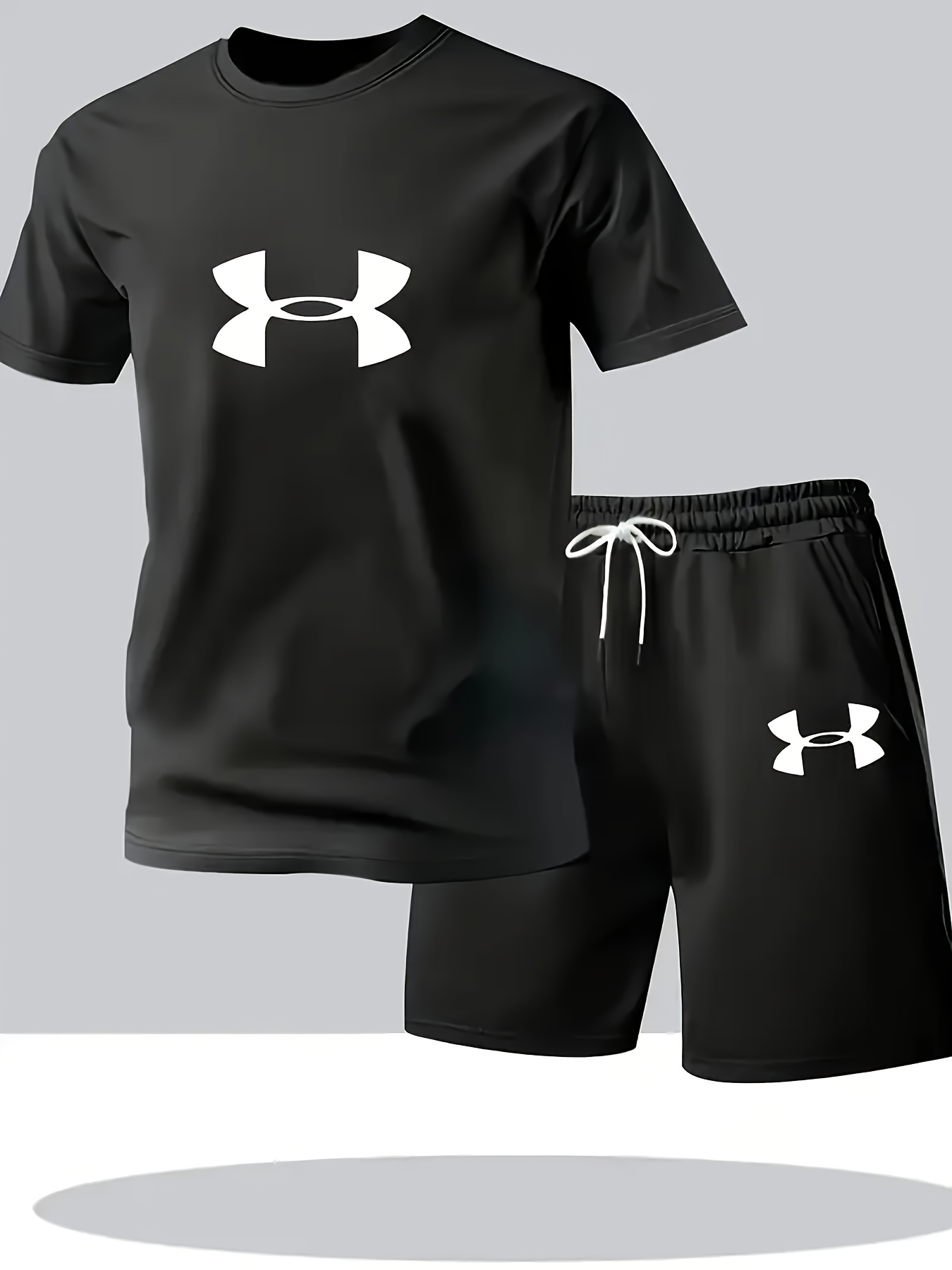 Elson OBM 2pcs Men's Casual Sportswear Set, Fashionable Pattern Print Round Neck T-Shirt and Drawstring Shorts for Summer Outdoor Activities