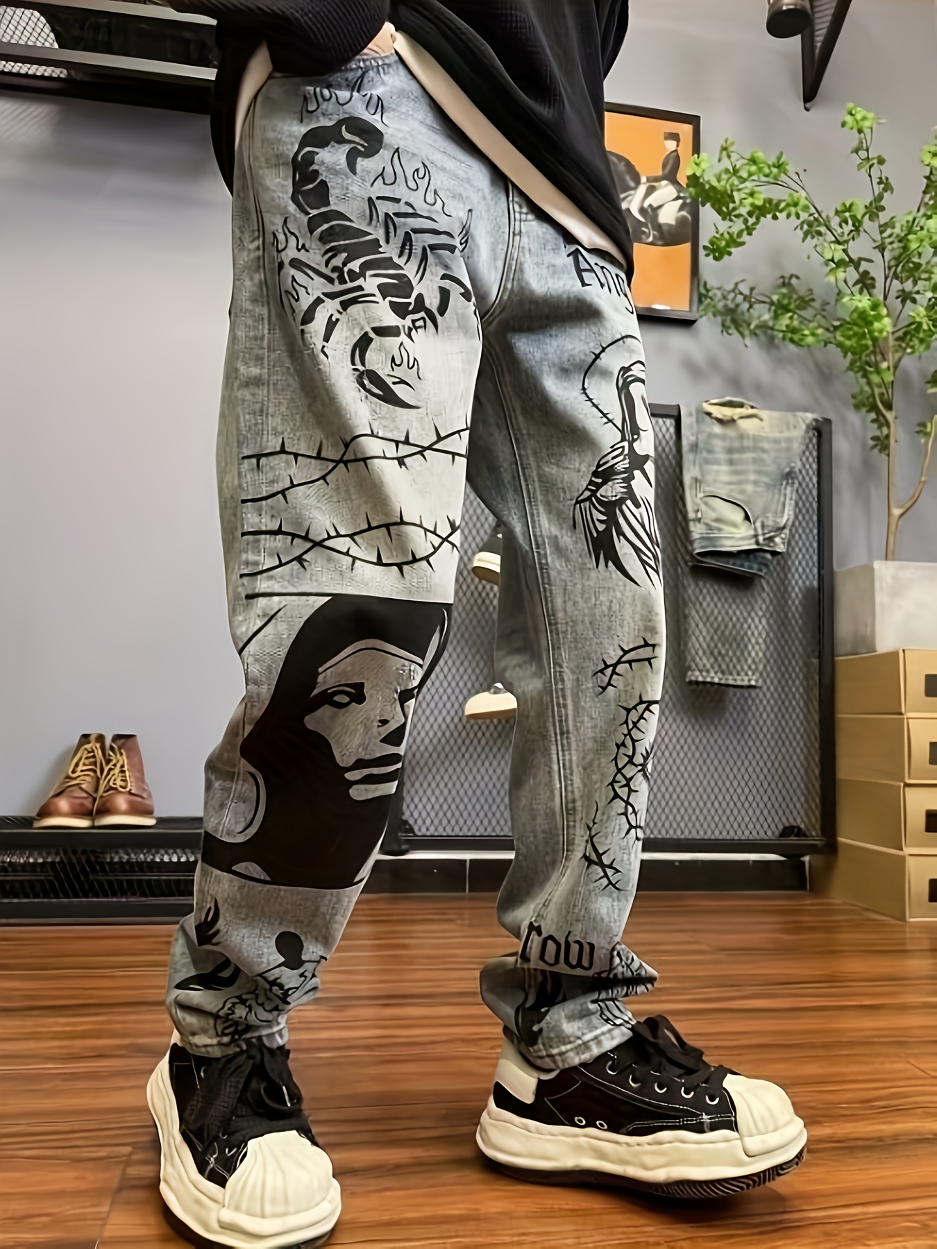 Retro Blue American Streetwear Graffiti Print Loose Straight-Leg Jeans